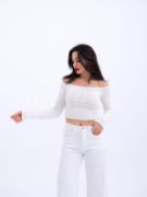 42241 TRİKO KAYIK YAKA CROP-EKRU resmi